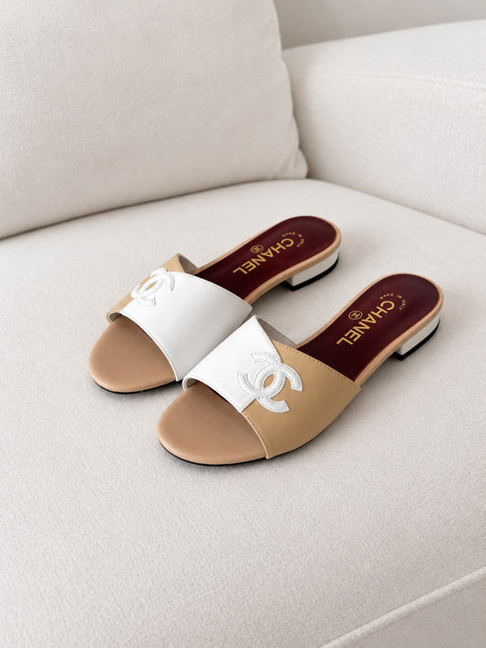 Chanel CC Logo Lambskin Leather Two Tone Flat Mule