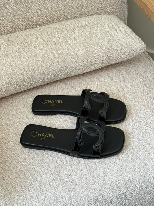 Chanel  Black Calfskin Flat Slide With CC Logo