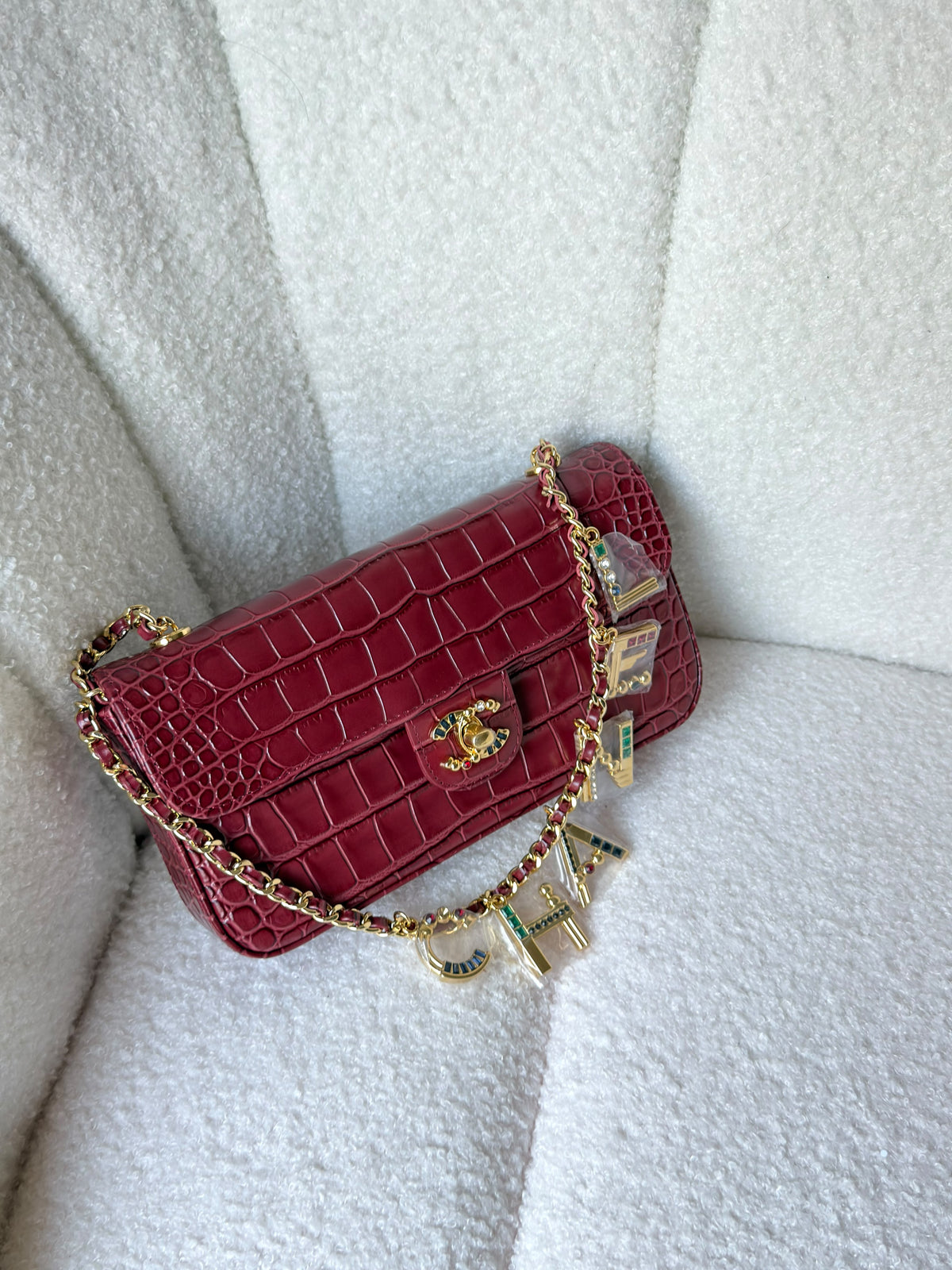 Chanel Crocodile Embossed  Leather With Golden Chain - 20 cm