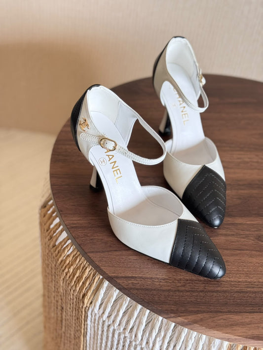 Chanel Pointed Toe White & Black Slingback Sandals