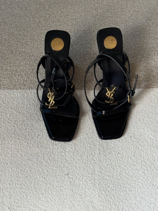 YSL Cassandra Logo Plaque Shinny Sandals