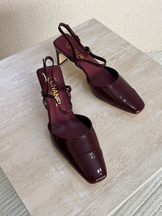 Chanel Shinny Maroon Slingback Heel