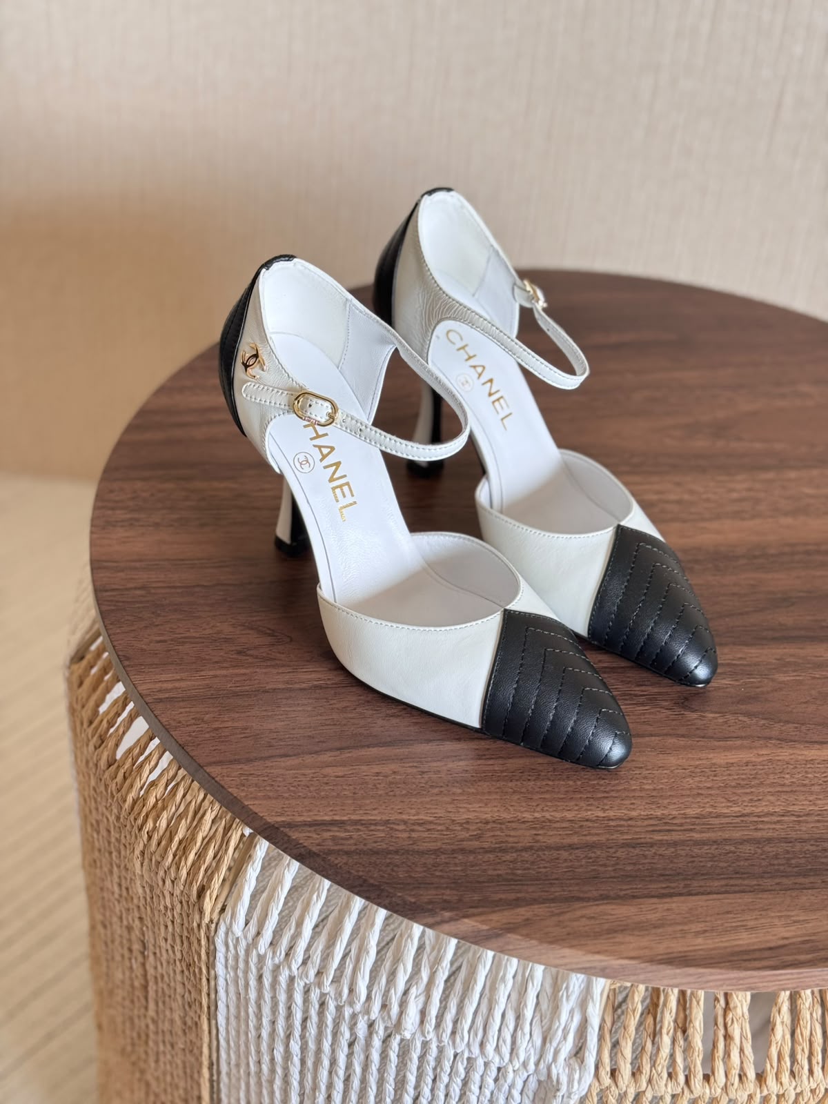 Chanel Pointed Toe White & Black Slingback Sandals