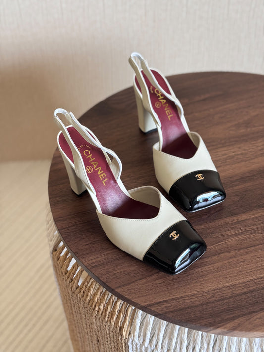 Chanel Black Square Toe Slingback Sandals
